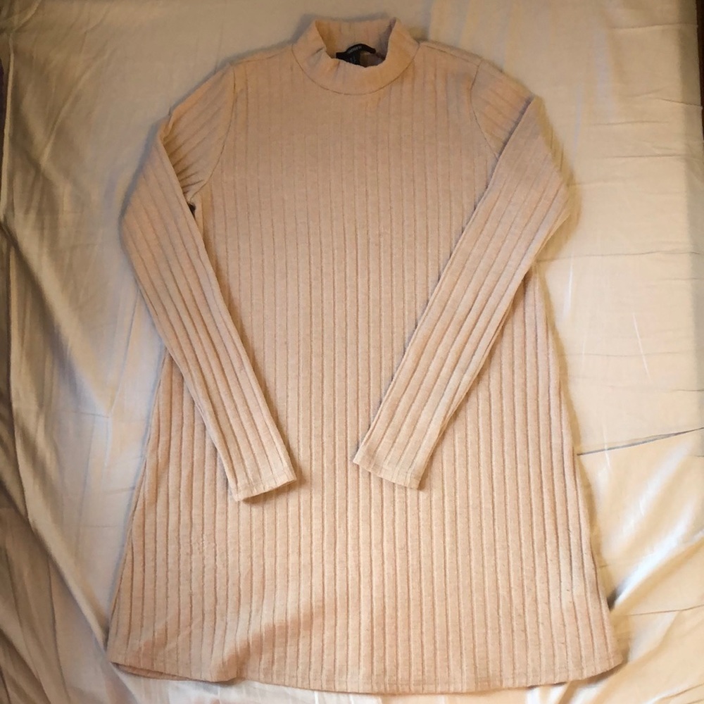 F21 Mock neck, Ribbed, Beige Sweater Dress (S)